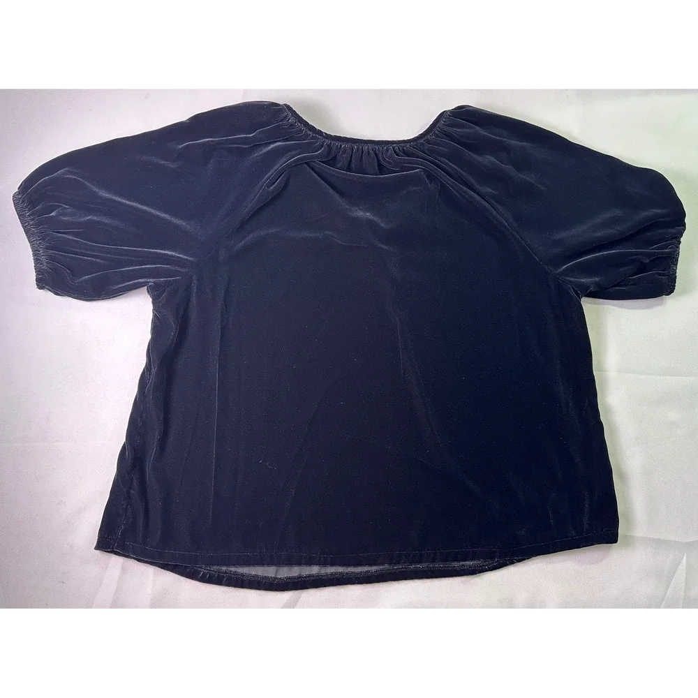 Old Navy Black Velvet Blouse Top Womens Small Split V-Neck Puff Sleeve Relaxed S